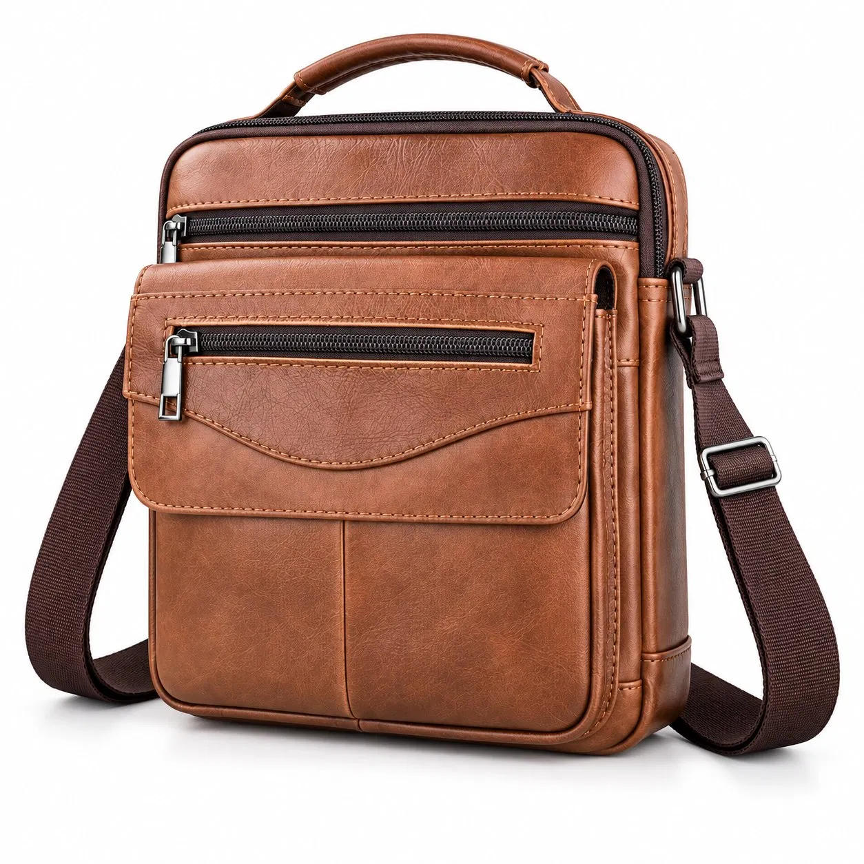 Men PU Leather Crossbody Messenger Shoulder Bag with Adjustable Strap and Zipper