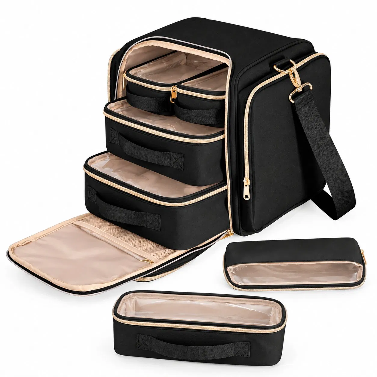 PU Travel Makeup Organizer Bag with Strap and Multiple Storage Pockets