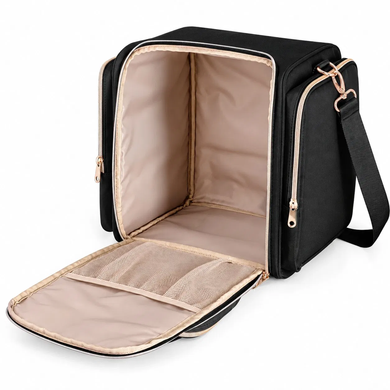 PU Travel Makeup Organizer Bag with Strap and Multiple Storage Pockets