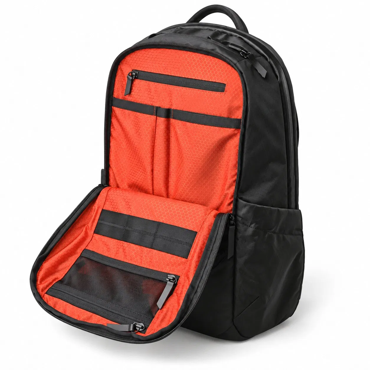 Black Polyester Laptop Backpack with Orange Interior Organizer for Travel