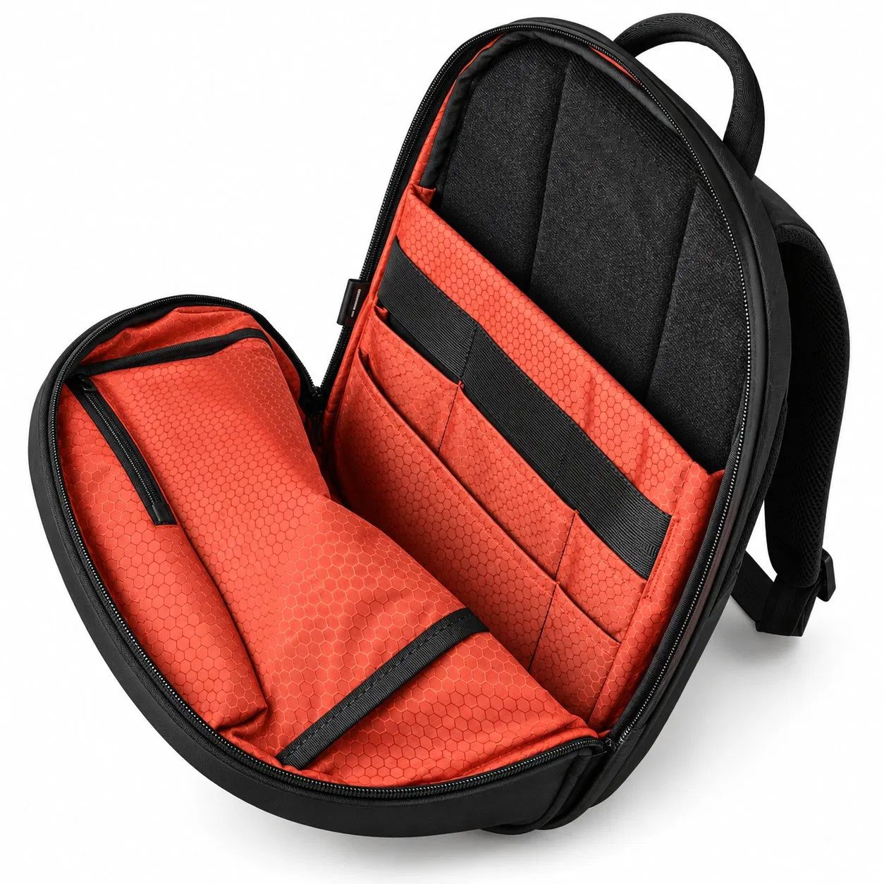 Black Polyester Laptop Backpack with Orange Interior Organizer for Travel