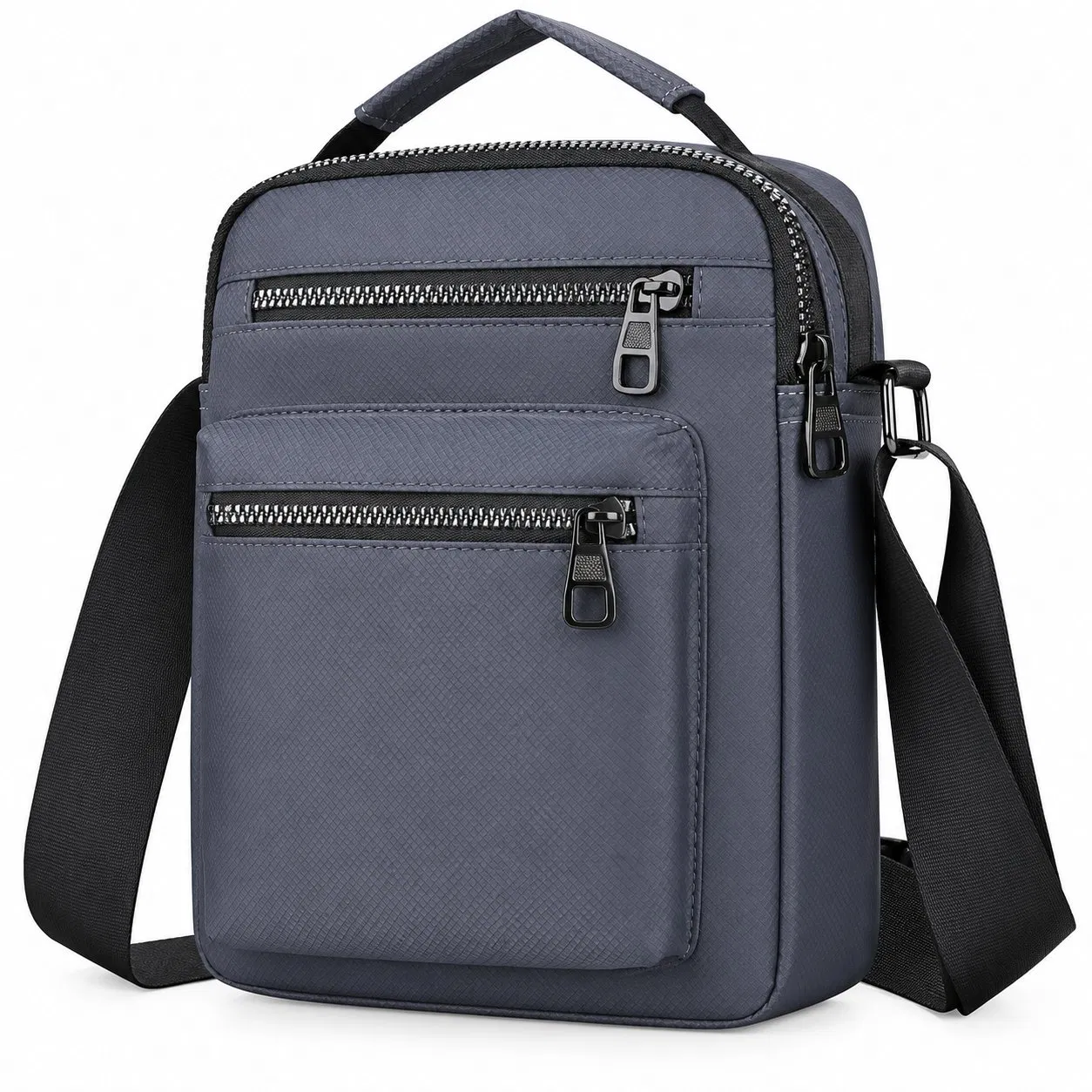 Charcoal Nylon Messenger Crossbody Bag with Front Zipper Pockets