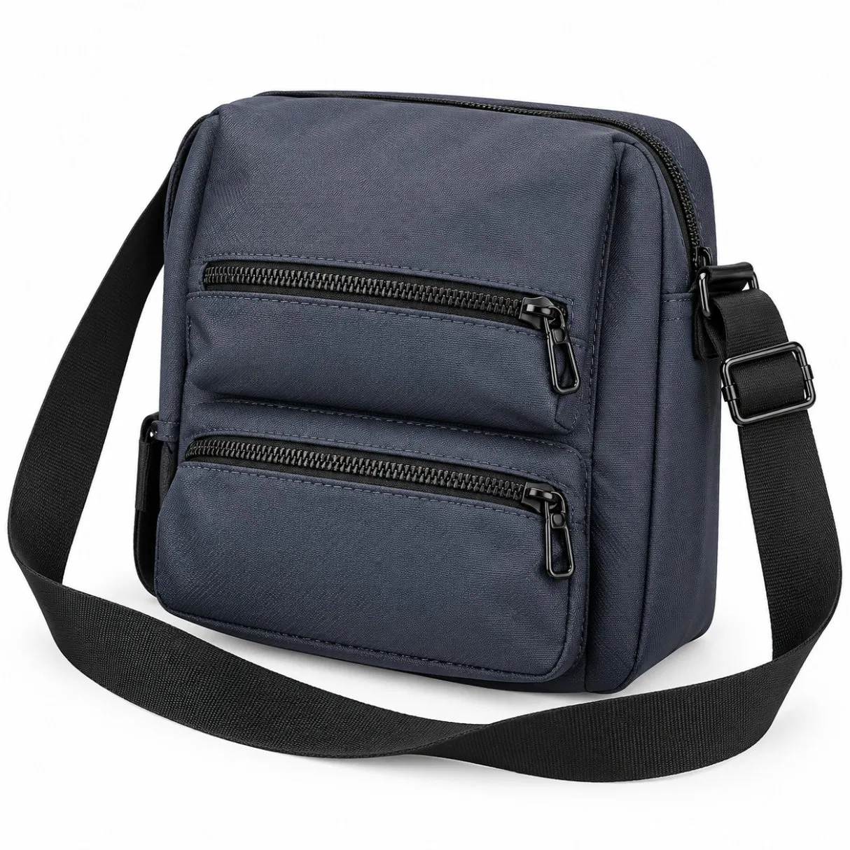 Charcoal Nylon Messenger Crossbody Bag with Front Zipper Pockets