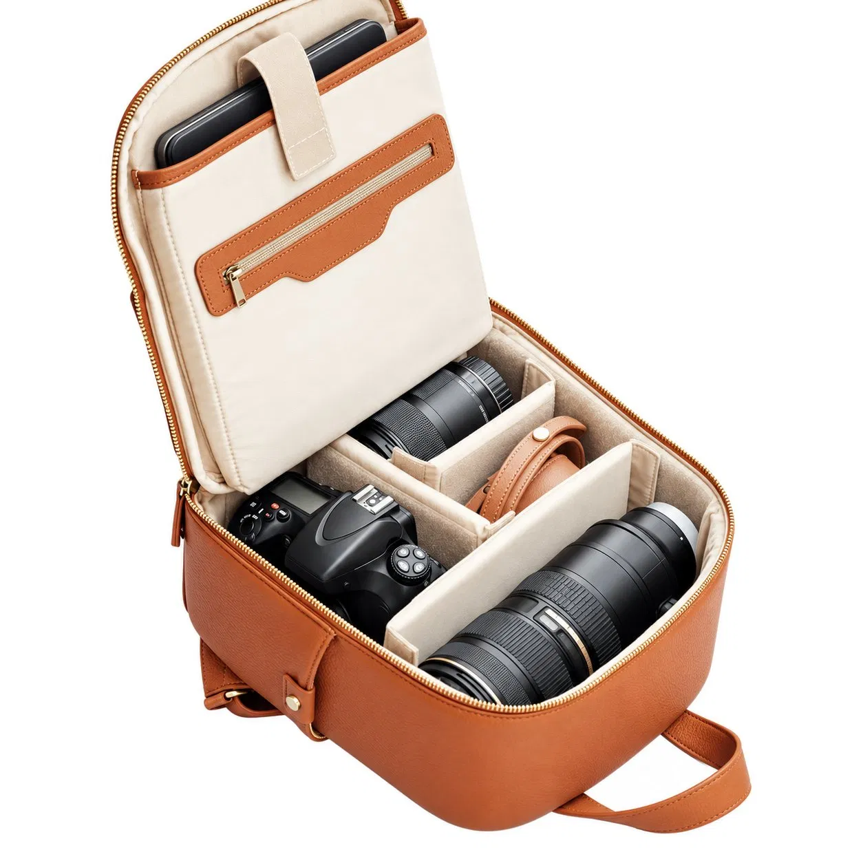 Custom Leather Camera Backpack with Laptop Pocket and Zipper Closure