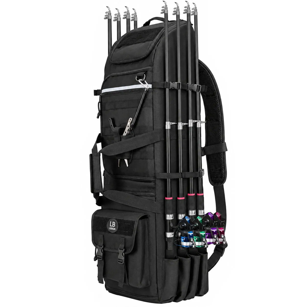 Custom Fishing Rod Backpack with Eight Rod Holders and Zipper Storage
