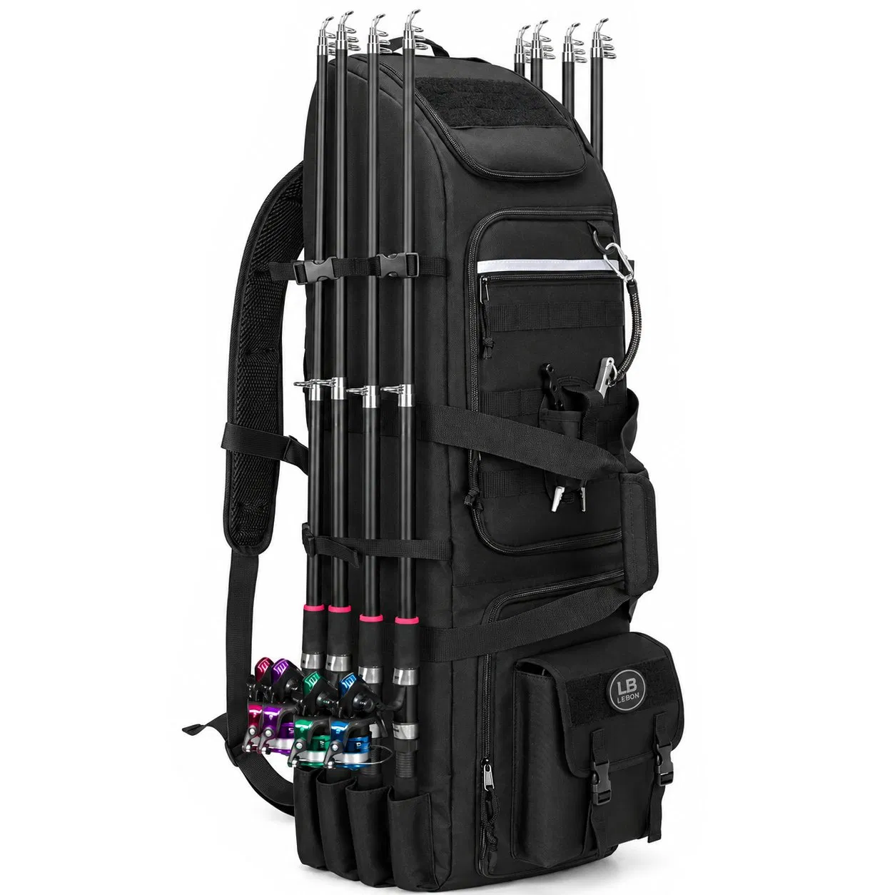 Custom Fishing Rod Backpack with Eight Rod Holders and Zipper Storage