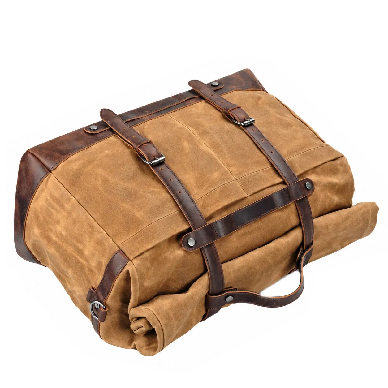 Custom Waxed Canvas Travel Duffle Bag with Leather Trim and Adjustable Strap