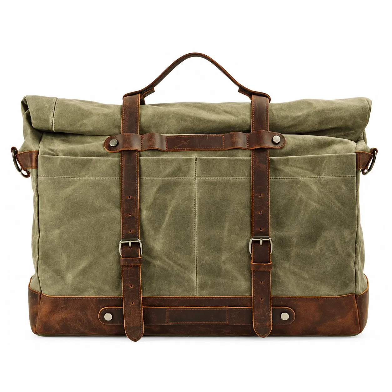 Custom Waxed Canvas Travel Duffle Bag with Leather Trim and Adjustable Strap