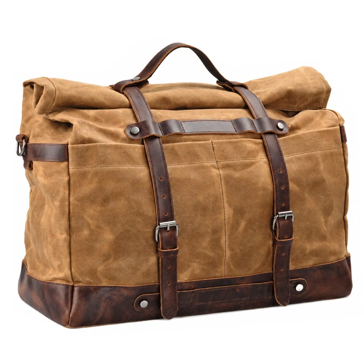 Custom Waxed Canvas Travel Duffle Bag with Leather Trim and Adjustable Strap