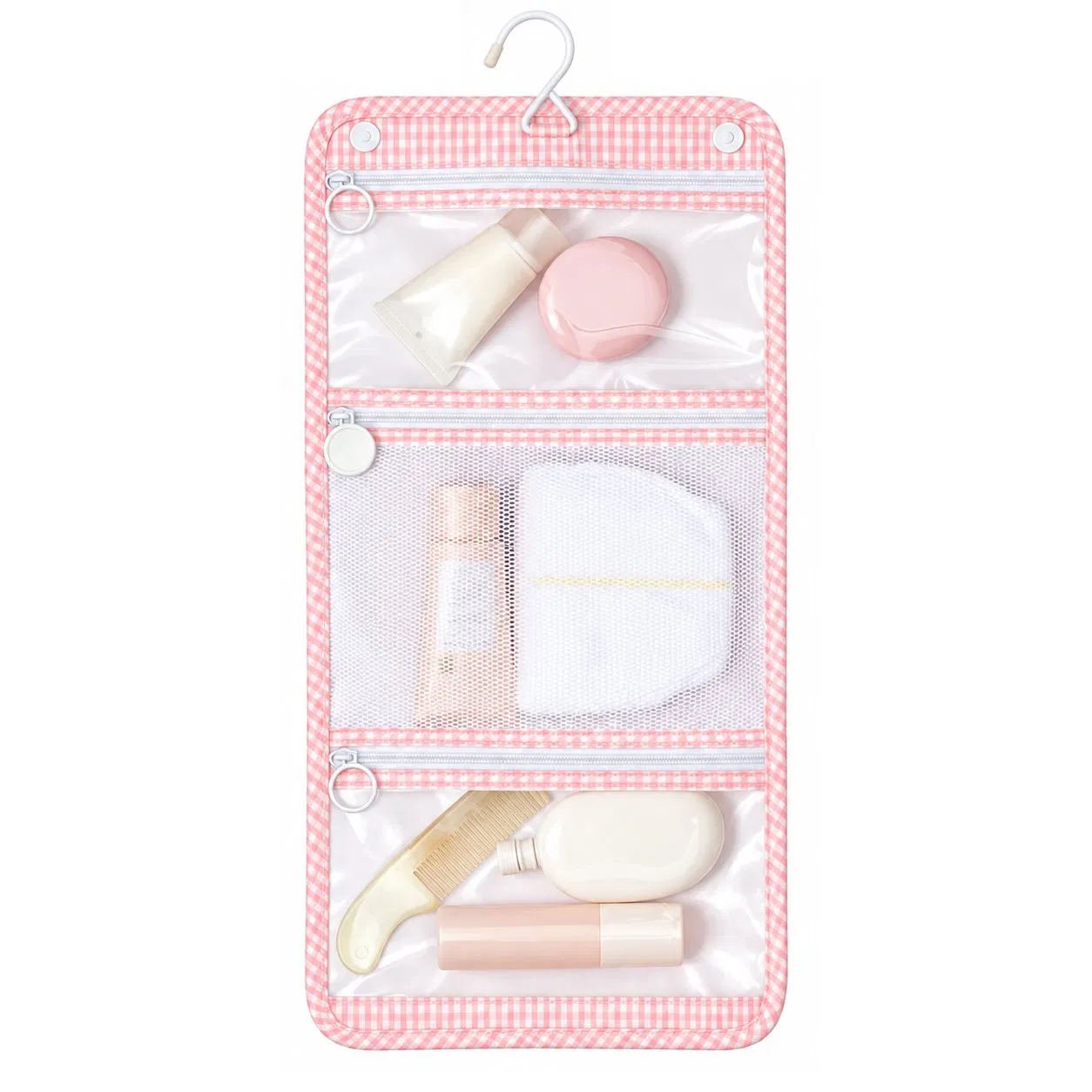 Custom Hanging Toiletry Pouch with Clear Mesh Pockets and Hook for Travel