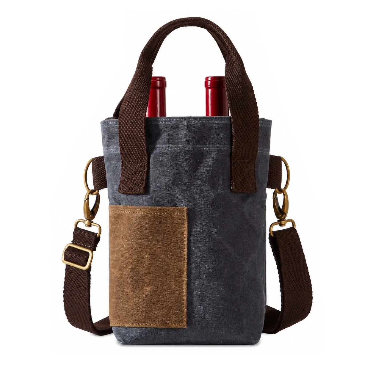 Custom Waxed Canvas Two Bottle Wine Carrier Tote with Adjustable Removable Strap