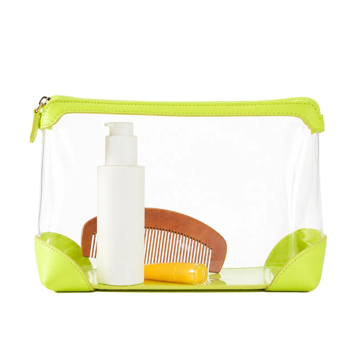 Custom Transparent TPU Zipper Cosmetic Pouch with Vegan Leather Trim for Travel