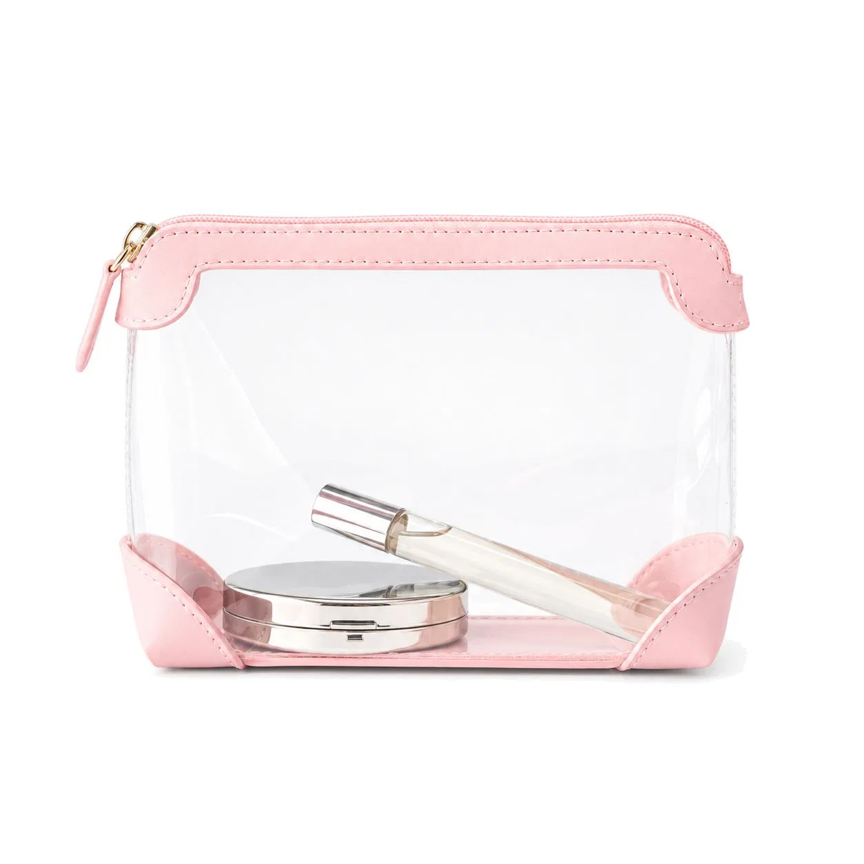 Custom Transparent TPU Zipper Cosmetic Pouch with Vegan Leather Trim for Travel