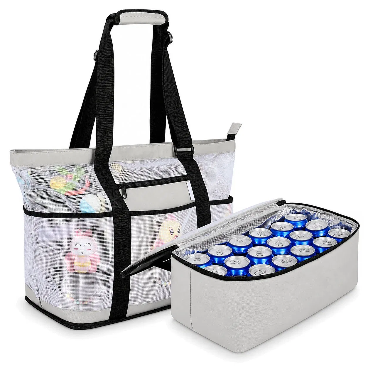 Custom Logo Large Mesh Beach Tote Bag with Cooler Compartment for Summer Travel