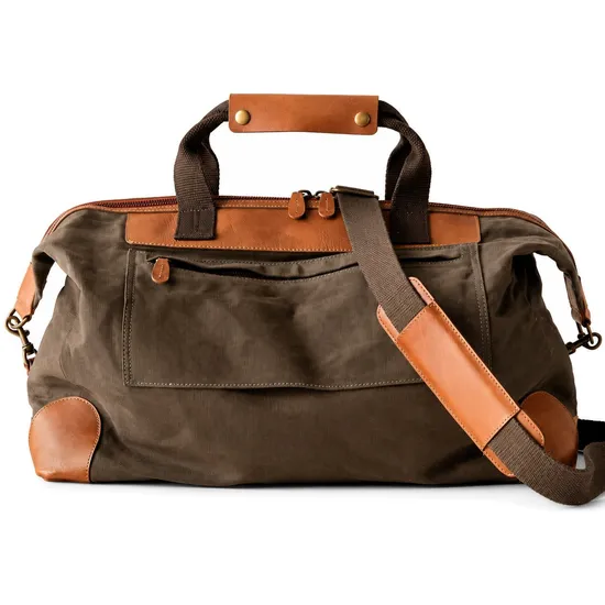 Custom Logo Vintage Waxed Canvas Leather Trim Weekender Duffel Bag with Removable Shoulder Strap