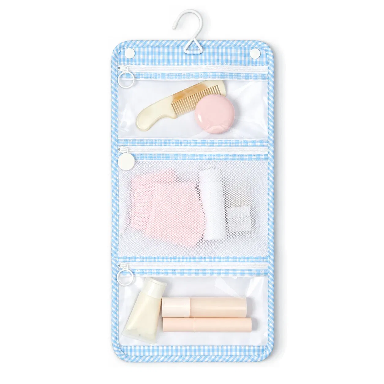 Custom Hanging Travel Toiletry Organizer Pouch with Clear Pockets Mesh Pocket and Hook