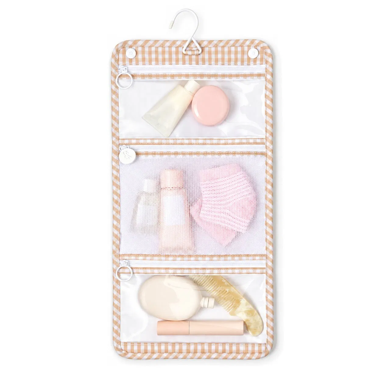 Custom Hanging Travel Toiletry Organizer Pouch with Clear Pockets Mesh Pocket and Hook