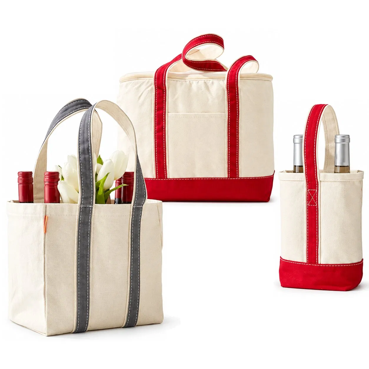 Custom Embroidered Logo Cotton Canvas Two Bottle Wine Carrier Tote for Picnic Beach Travel