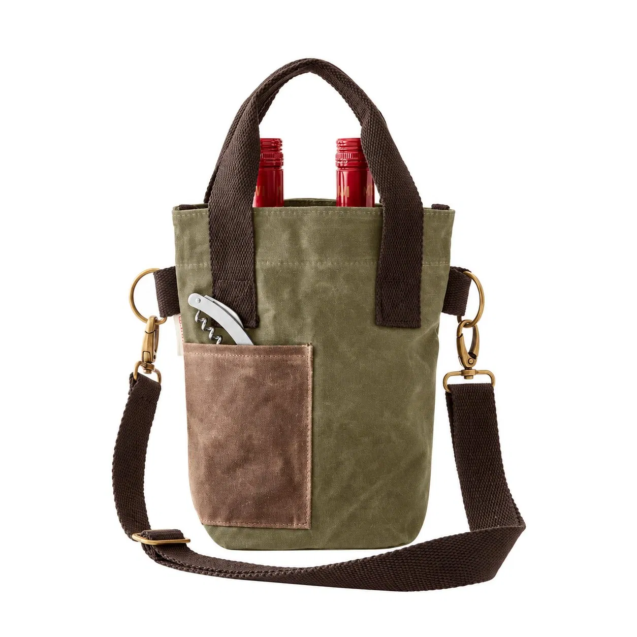 Custom Embroidered Logo Waxed Canvas Two Bottle Wine Tote with Removable Adjustable Strap and Twill Handles