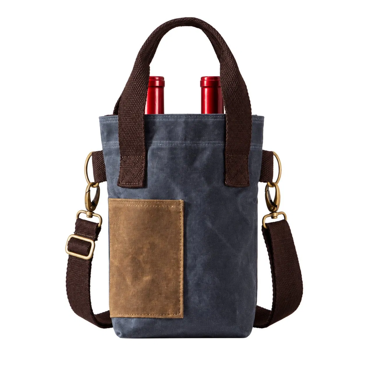 Custom Embroidered Logo Waxed Canvas Two Bottle Wine Tote with Removable Adjustable Strap and Twill Handles