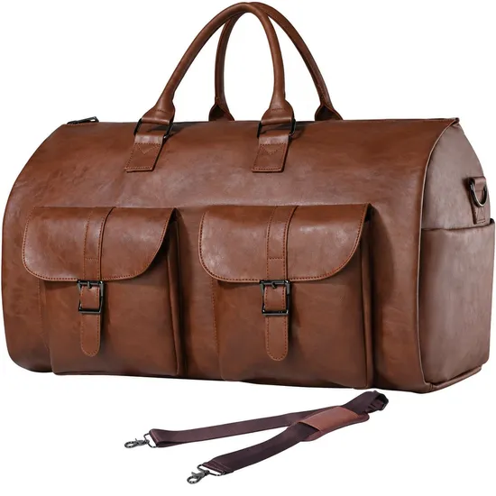 Custom Logo PU Convertible Garment Duffel Travel Bag with Adjustable Shoulder Strap and Soft Handles