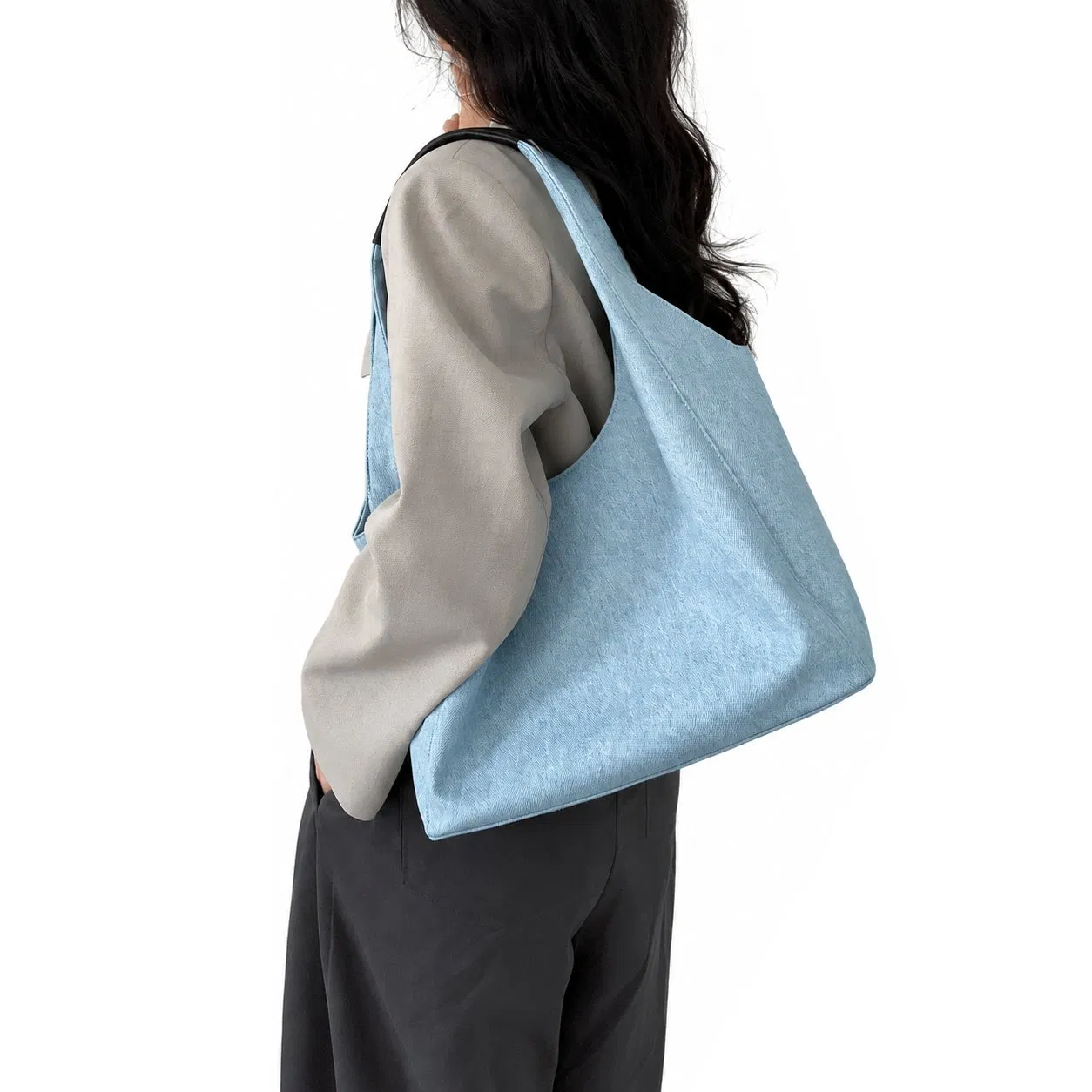 Custom Logo Women Denim Shoulder Tote Handbag with Polyester Lining for Daily Shopping and Travel