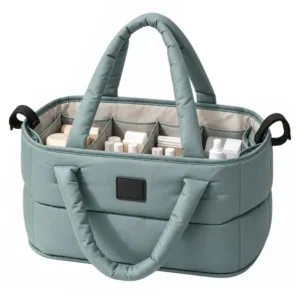 Custom Quilted Nylon Stroller Organizer Diaper Tote Bag with Padded Handles and Open Compartments