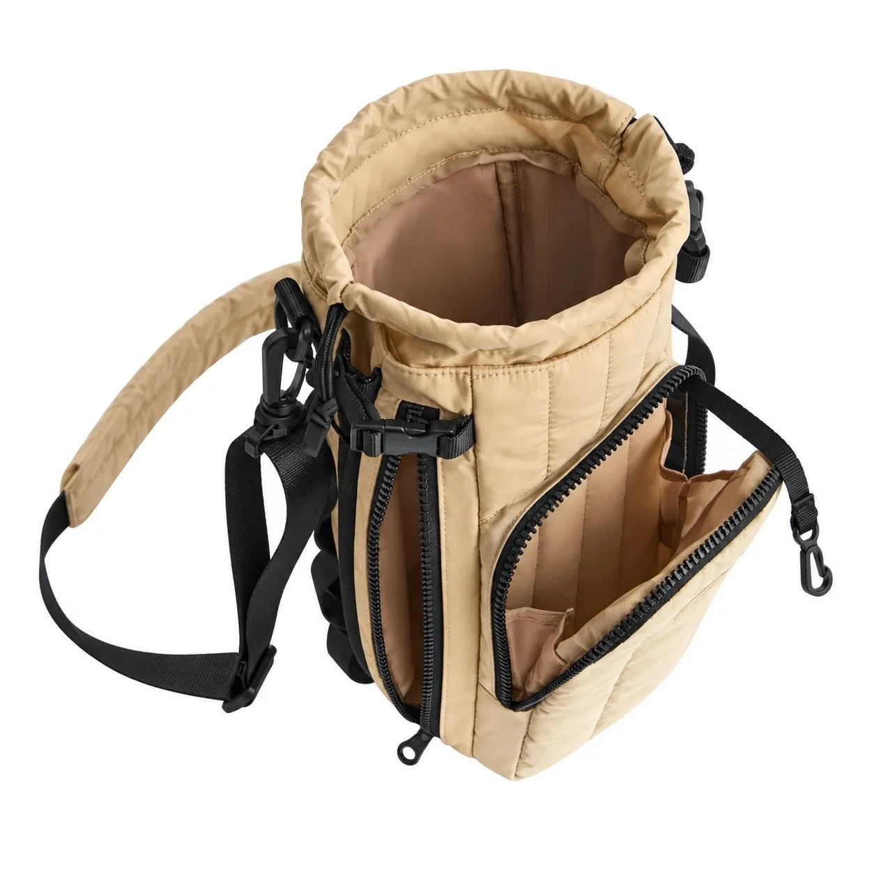 Custom Quilted Nylon Insulated Water Bottle Carrier with Crossbody Strap for Gym and Travel