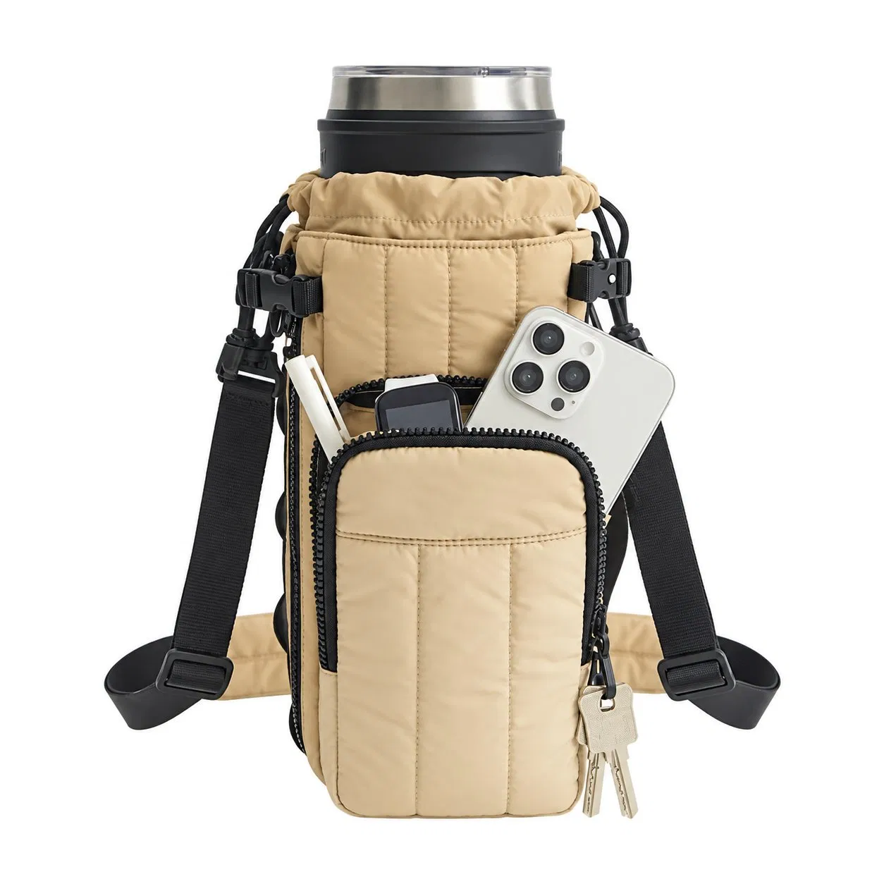 Custom Quilted Nylon Insulated Water Bottle Carrier with Crossbody Strap for Gym and Travel