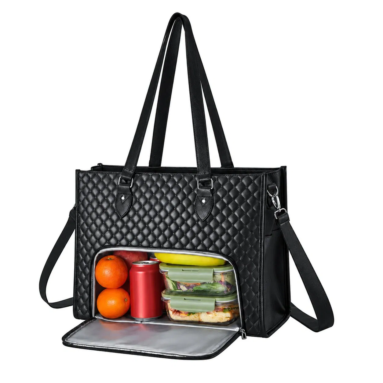 Quilted PU Insulated Lunch Tote Bag with Adjustable Detachable Shoulder Strap