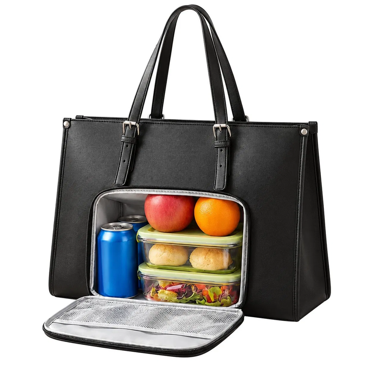 Quilted PU Insulated Lunch Tote Bag with Adjustable Detachable Shoulder Strap