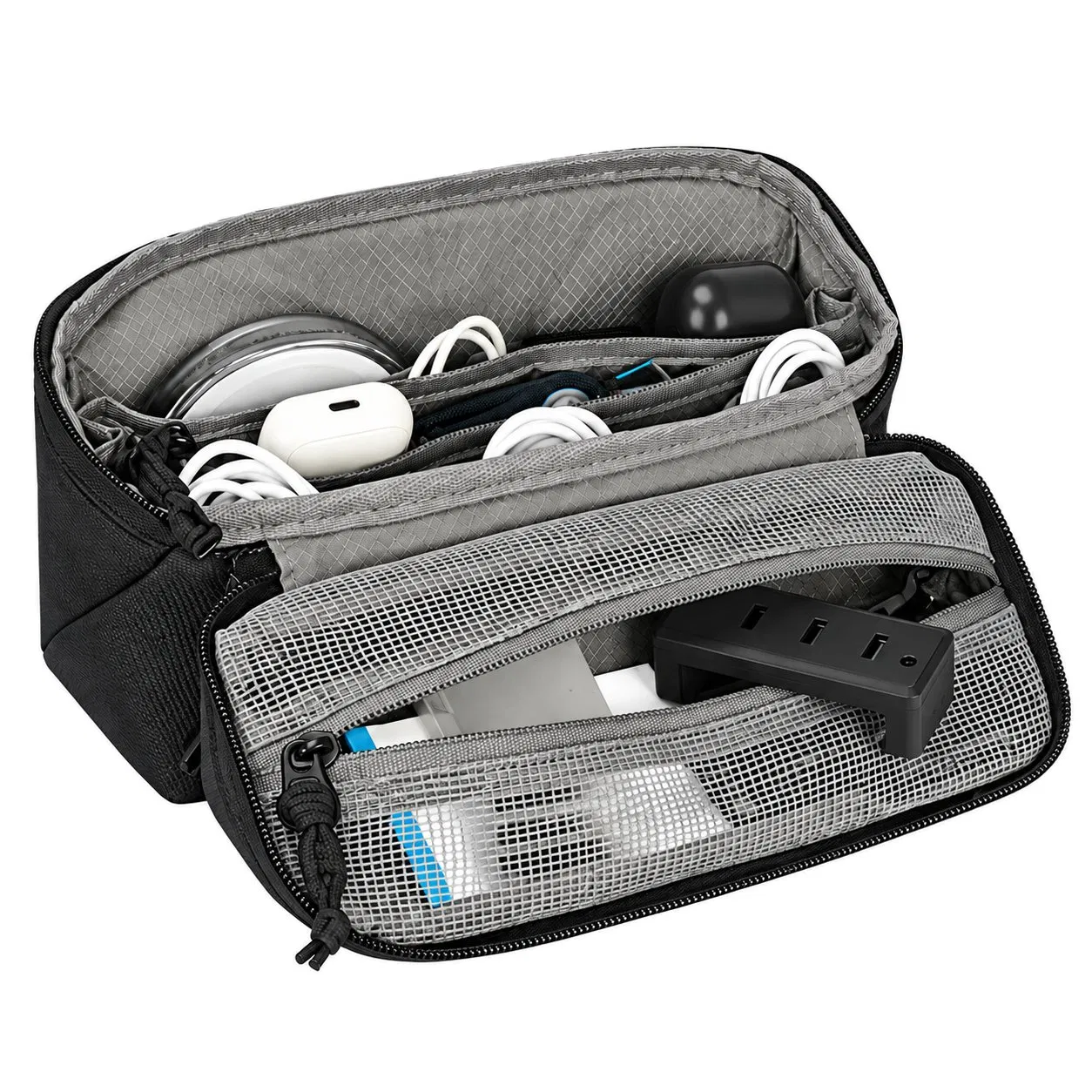 Custom Polyester Two Layer Cable Organizer Bag with Zipper for Travel Electronics Accessories