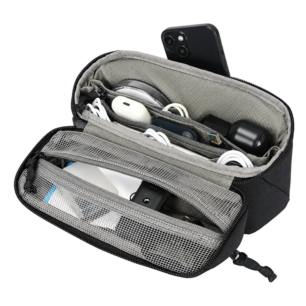 Custom Polyester Two Layer Cable Organizer Bag with Zipper for Travel Electronics Accessories