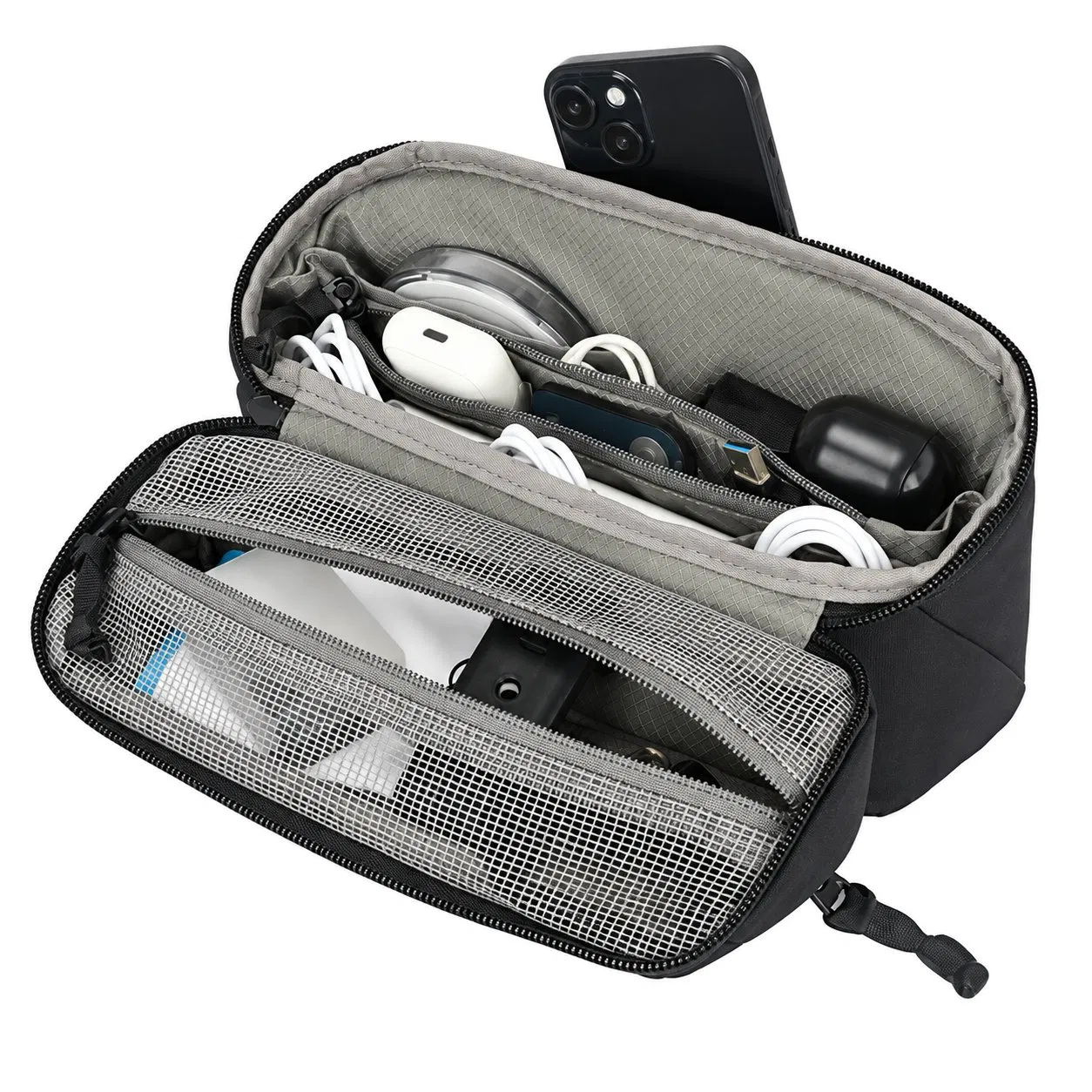 Custom Polyester Two Layer Cable Organizer Bag with Zipper for Travel Electronics Accessories