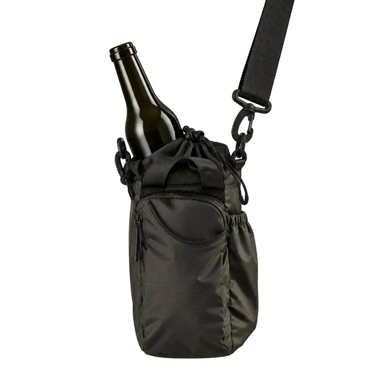Custom Nylon Insulated Water Bottle Holder Bag with Detachable Shoulder Strap and Multiple Pockets