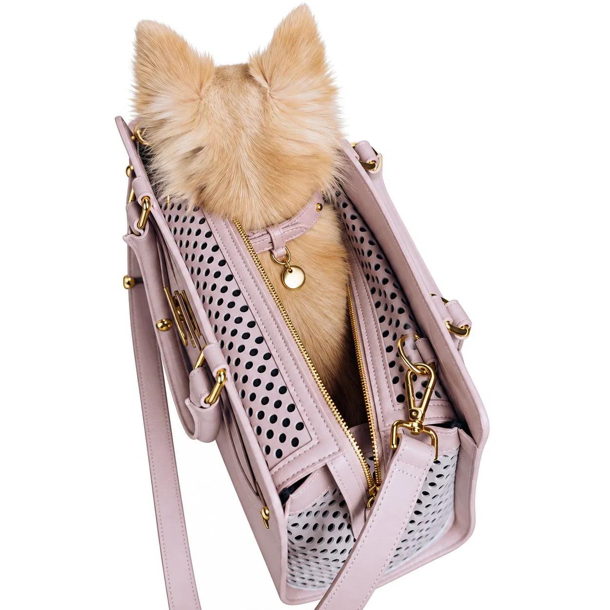 Custom Leather Pet Carrier Bag with Brass Hardware Detachable Pouch and Airflow Vents for Small Pets