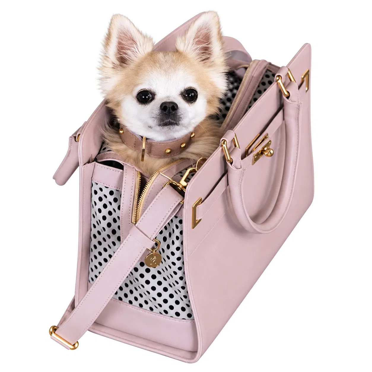Custom Leather Pet Carrier Bag with Brass Hardware Detachable Pouch and Airflow Vents for Small Pets