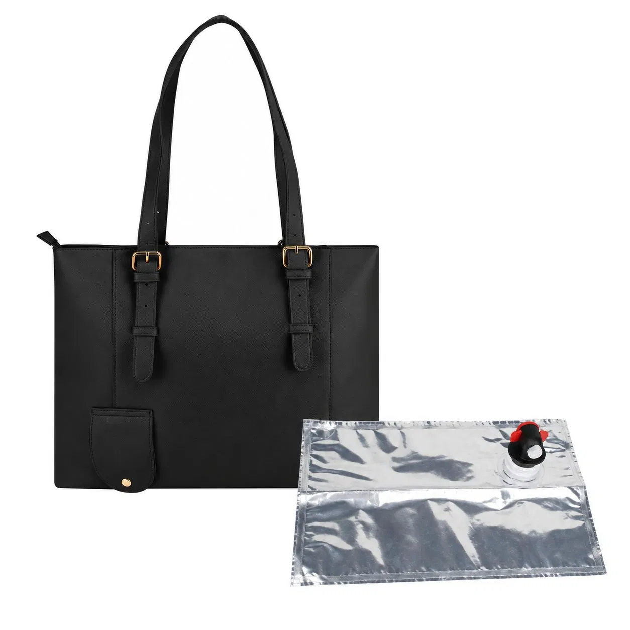 Custom Black PU Wine Cooler Shoulder Tote with Zipper and Insulated Storage for Travel