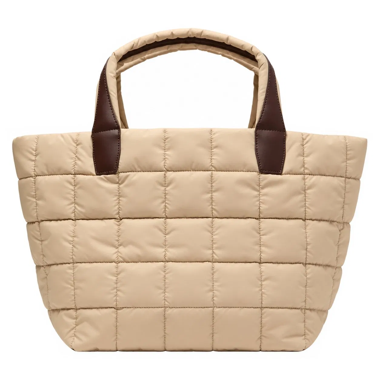 Custom Beige Quilted Nylon Tote with Brown Handles and Zipper for Everyday Travel and Crossbody Carry