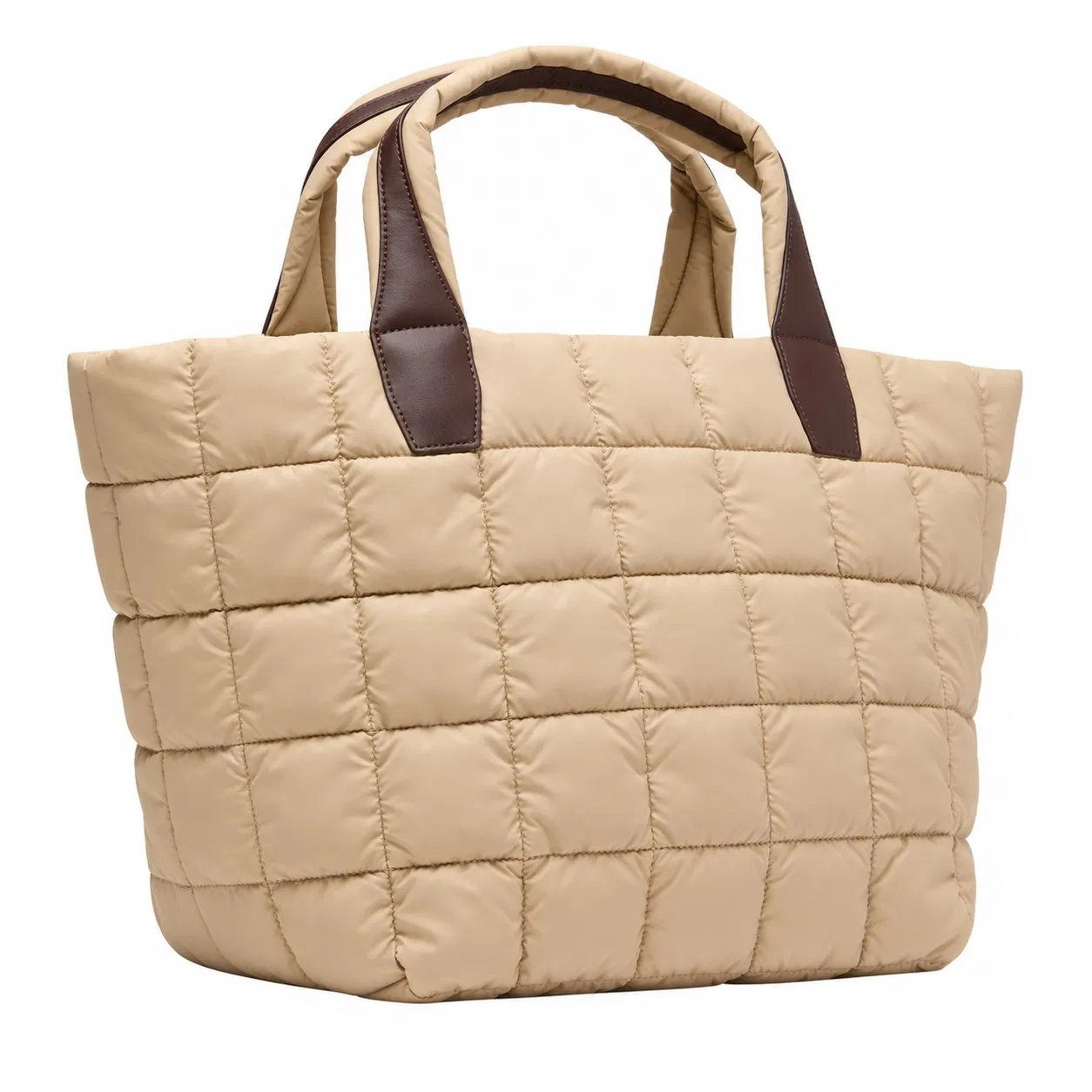 Custom Beige Quilted Nylon Tote with Brown Handles and Zipper for Everyday Travel and Crossbody Carry