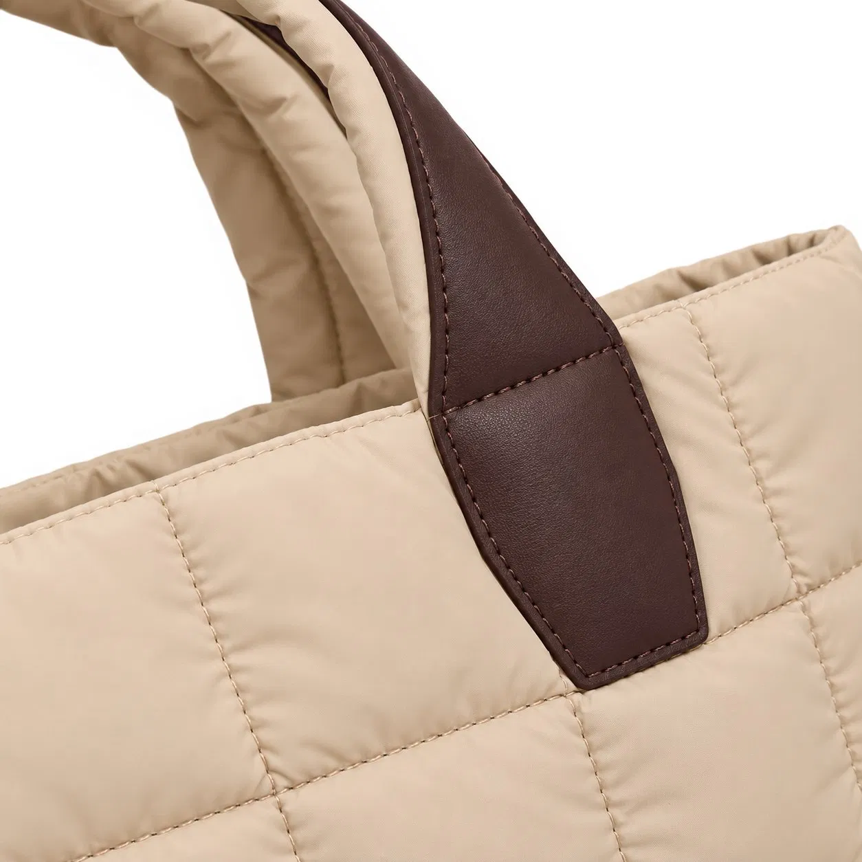 Custom Beige Quilted Nylon Tote with Brown Handles and Zipper for Everyday Travel and Crossbody Carry