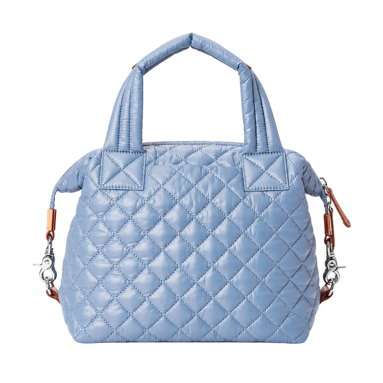 Custom Quilted Blue Oxford Handbag with Leather Trim and Adjustable Crossbody Strap for Women