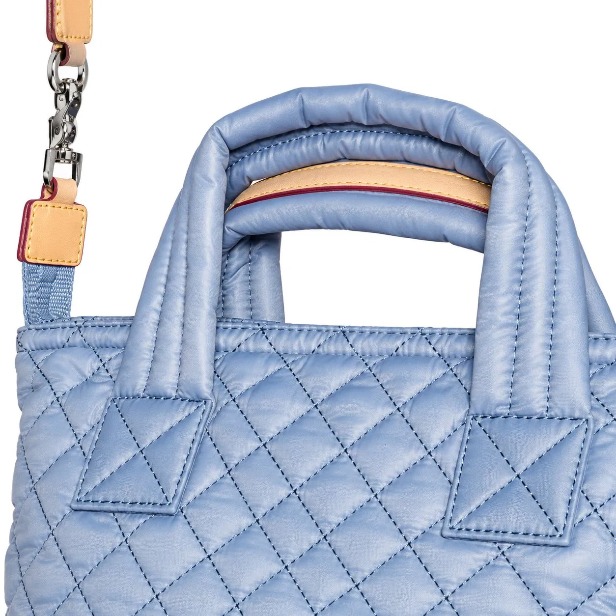 Custom Quilted Blue Oxford Handbag with Leather Trim and Adjustable Crossbody Strap for Women