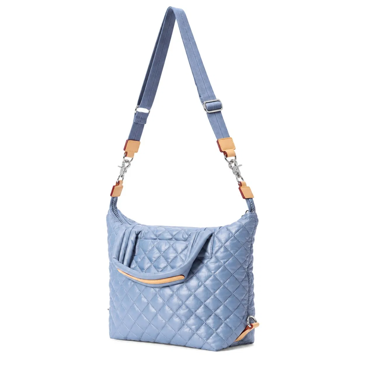 Custom Quilted Blue Oxford Handbag with Leather Trim and Adjustable Crossbody Strap for Women