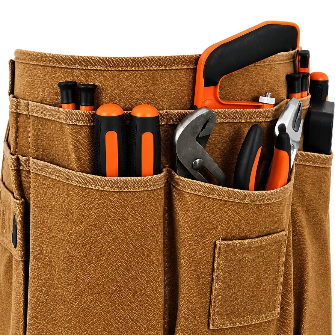 Custom Waxed Canvas Tool Waist Apron with 13 Pockets and Magnetic Function for Electrician Storage