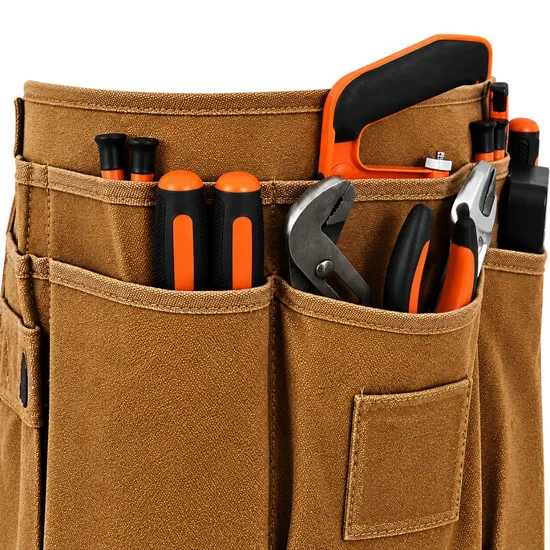 Custom Waxed Canvas Tool Waist Apron with 13 Pockets and Magnetic Function for Electrician Storage