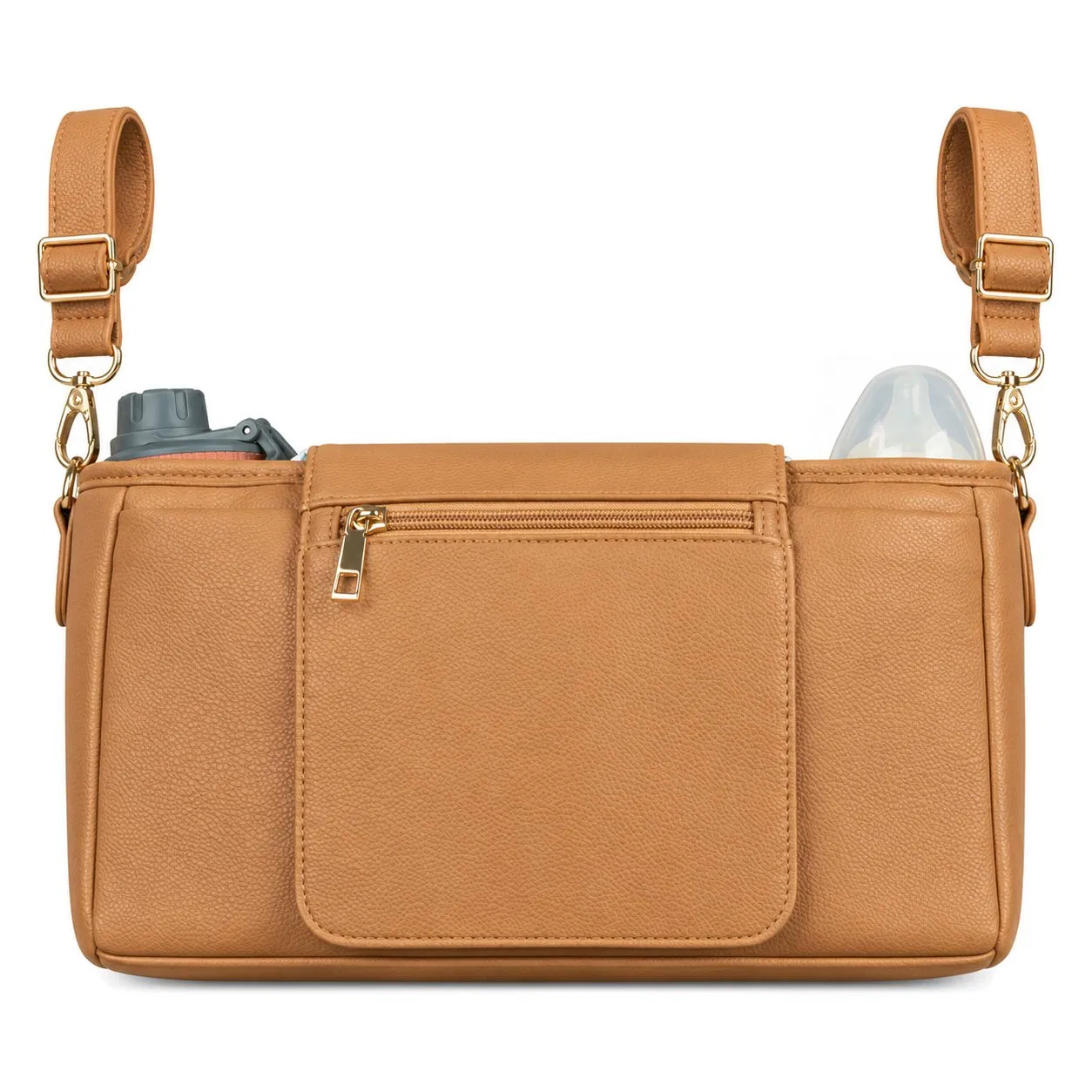 Custom PU Vegan Leather Stroller Organizer Caddy with Wet Wipe Dispenser Cup Holder and Detachable Shoulder Strap