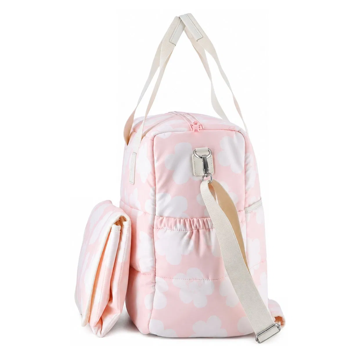 Custom Floral Quilted Diaper Tote Bag with Detachable Shoulder Strap Top Handles and Front Slip Pocket for Parents