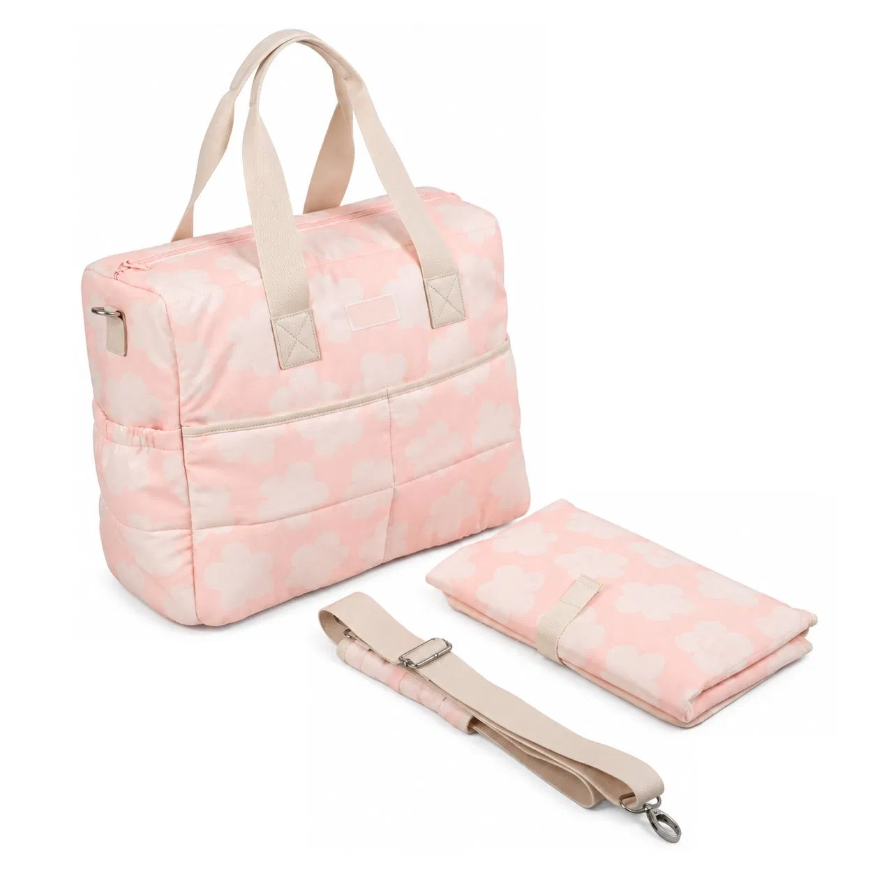 Custom Floral Quilted Diaper Tote Bag with Detachable Shoulder Strap Top Handles and Front Slip Pocket for Parents