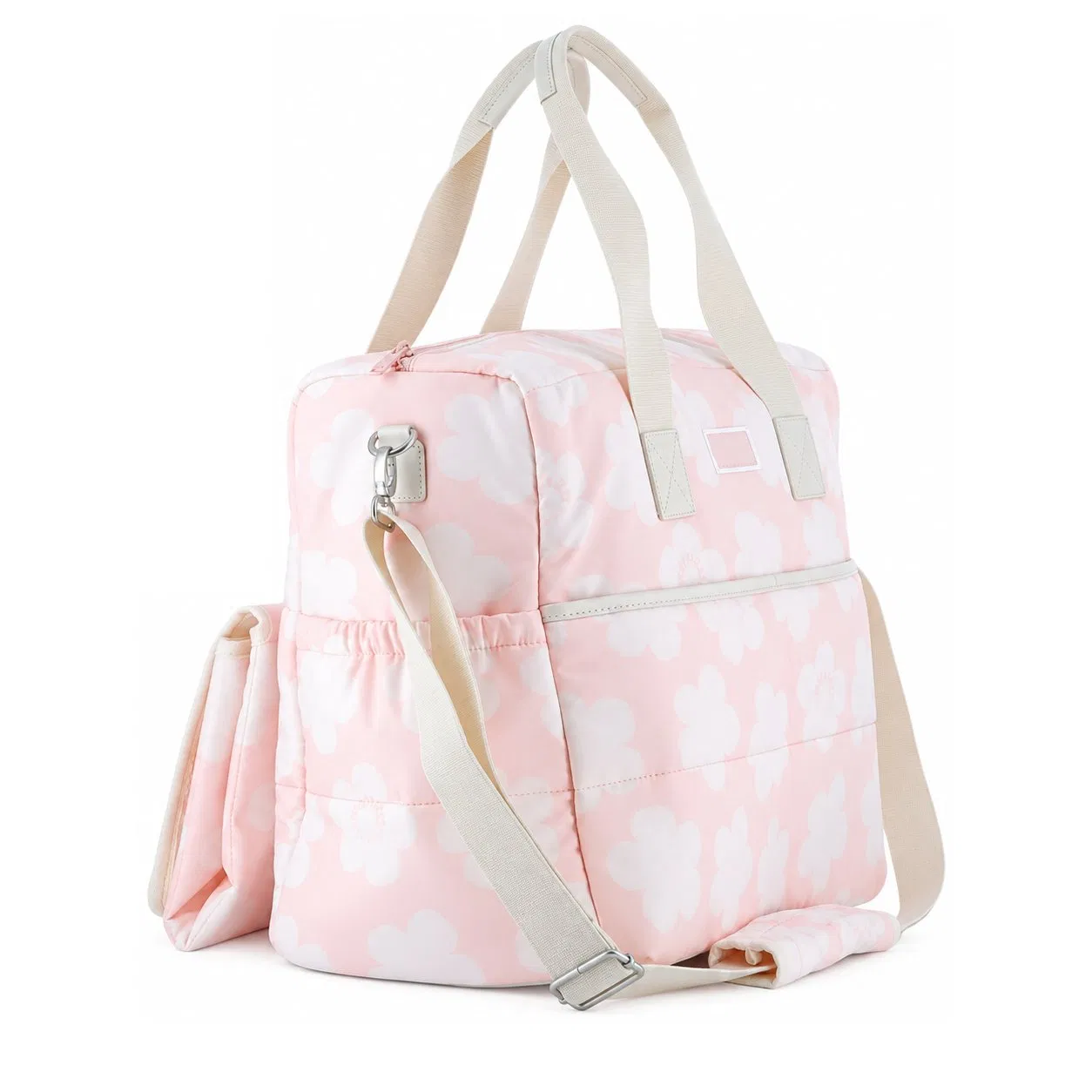 Custom Floral Quilted Diaper Tote Bag with Detachable Shoulder Strap Top Handles and Front Slip Pocket for Parents